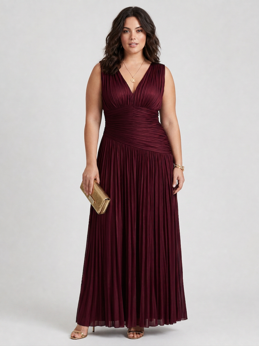Lemar | Sleeveless Pleated V Neck Midi Dress - Plus size model