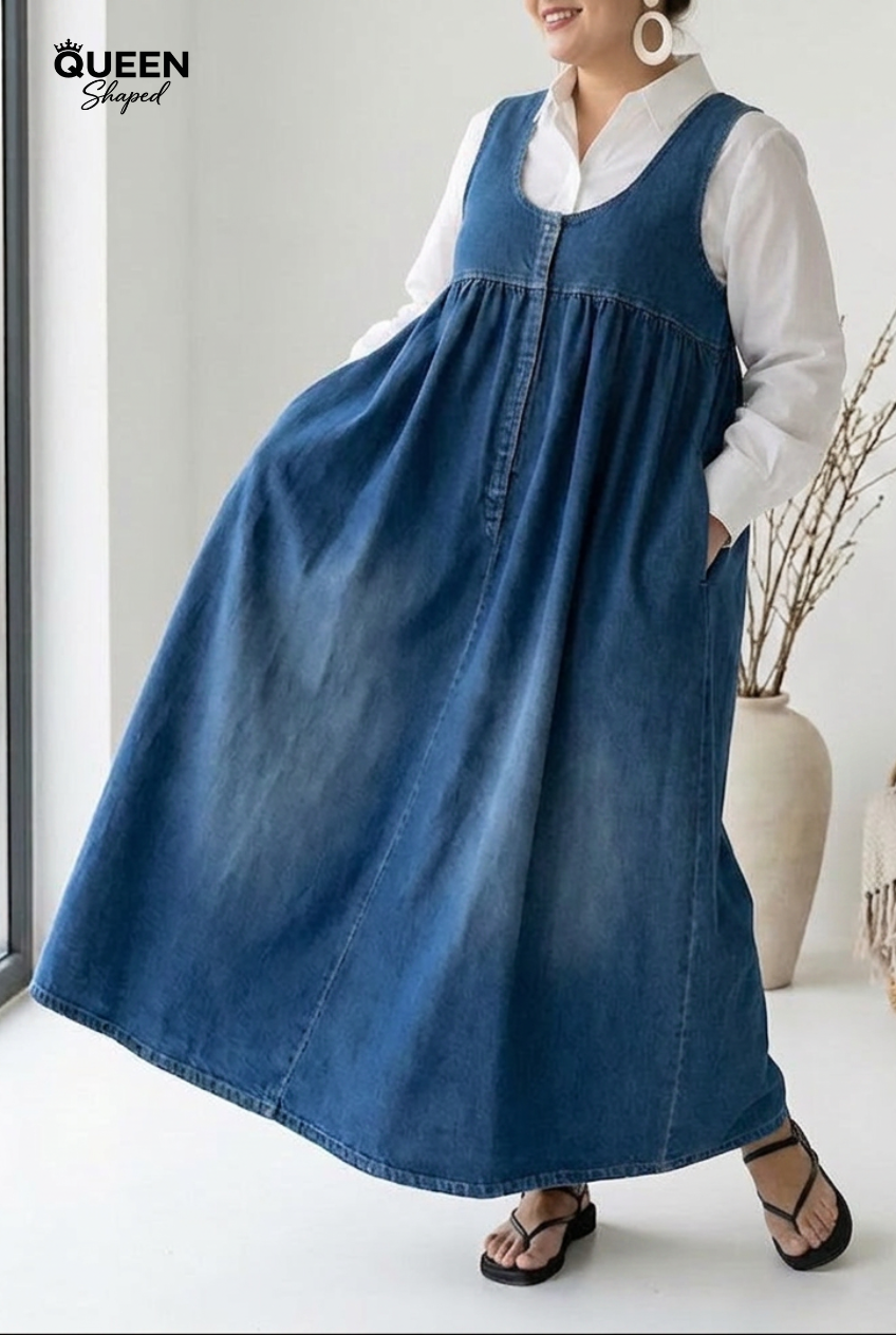 Karen | Vintage Washed Soft Cotton Feel Denim Maxi Dress