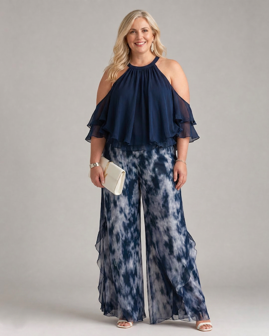 Xylara | Layered Halter Neck Printed Wide Leg Set - Plus size model