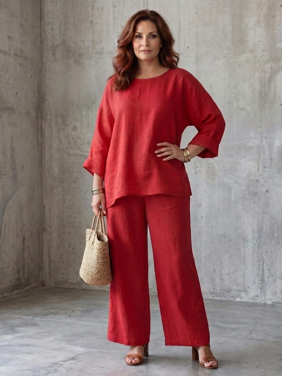 Prue | Oversized Tunic Wide Leg Pant Set - Plus size model