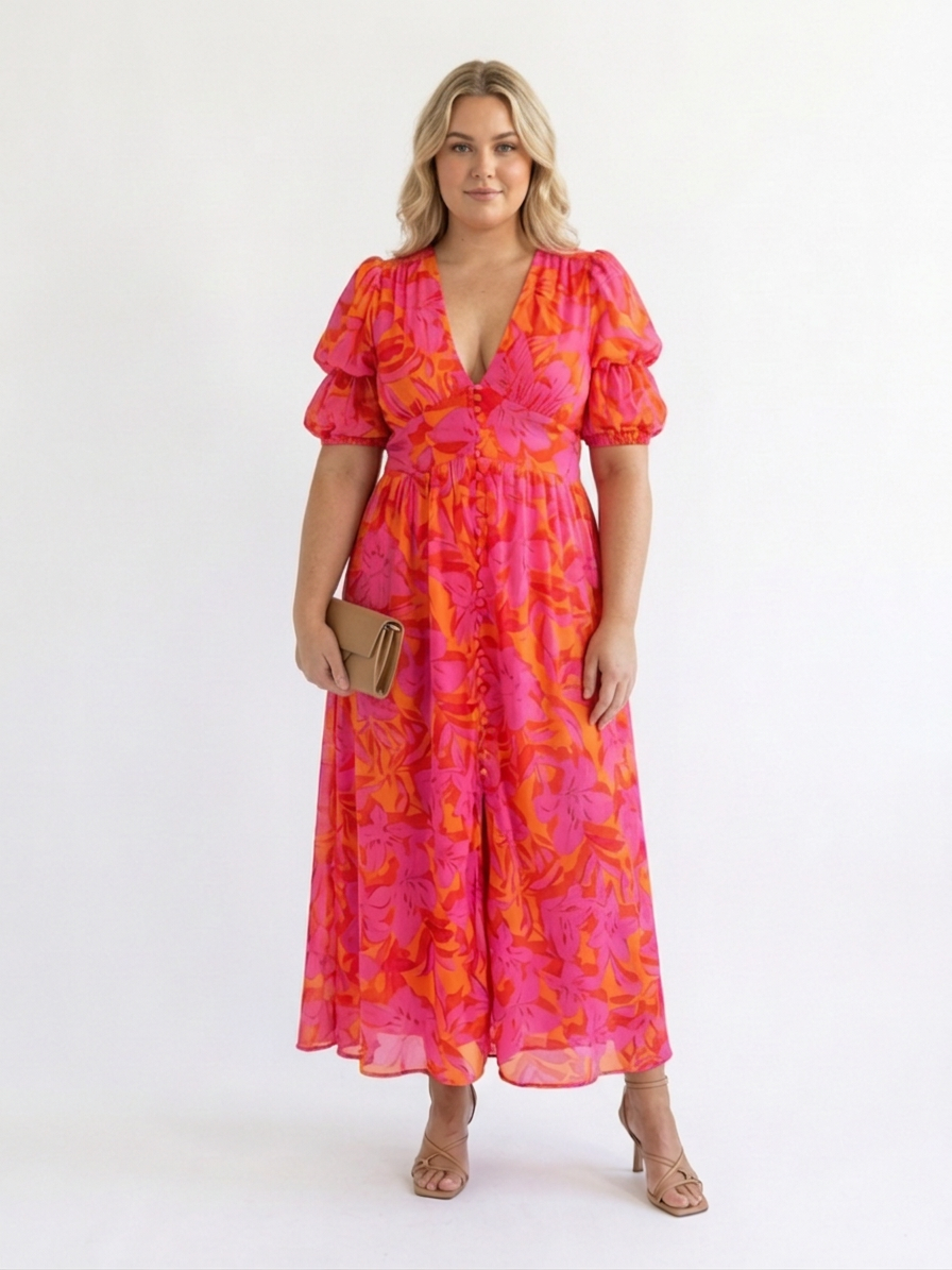 Willow | Floral V Neck Puff Sleeve Midi Dress - Plus size model