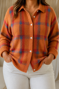 Megan | Plaid Button-Up Knit Cardigan - Plus size model