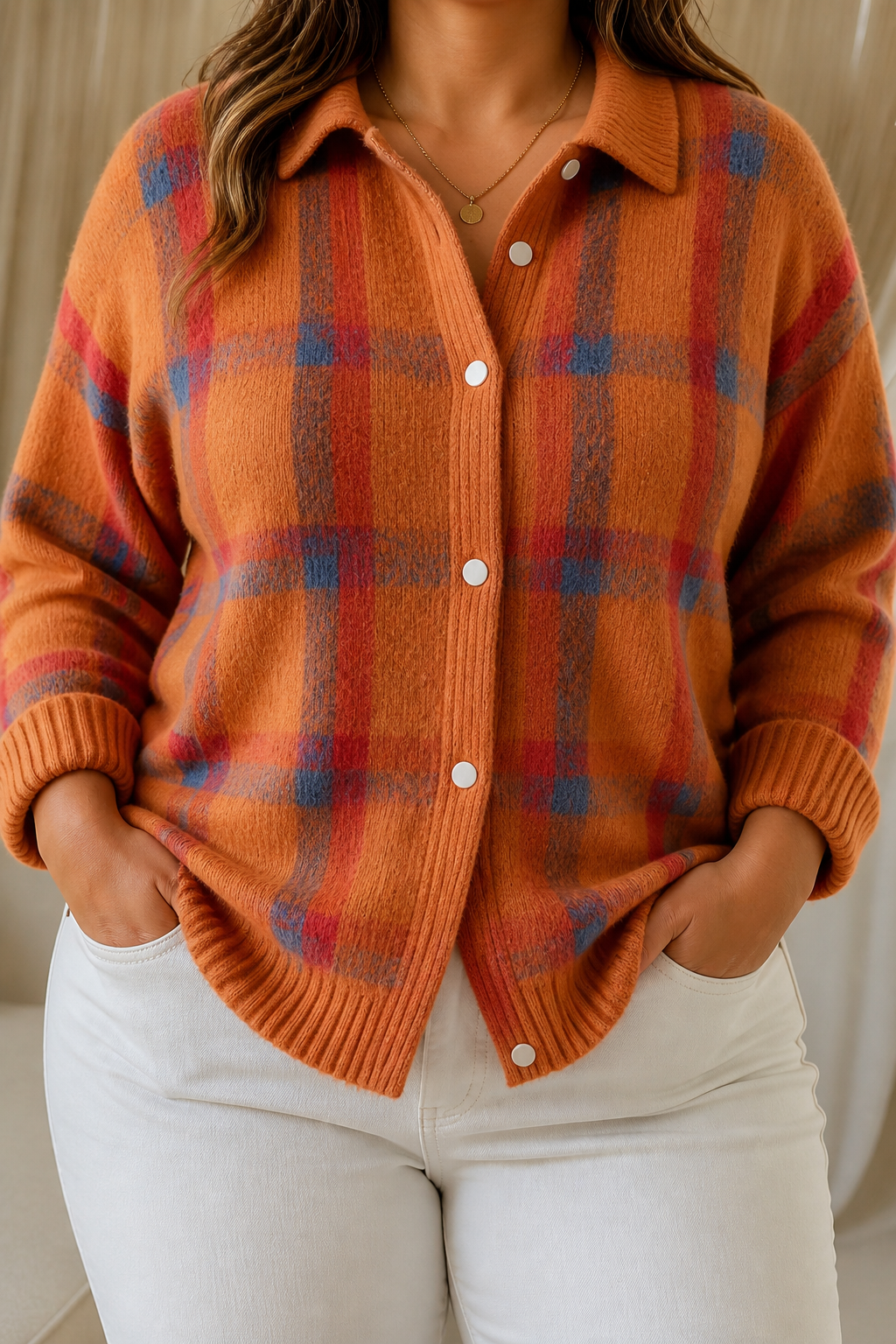 Megan | Plaid Button-Up Knit Cardigan - Plus size model