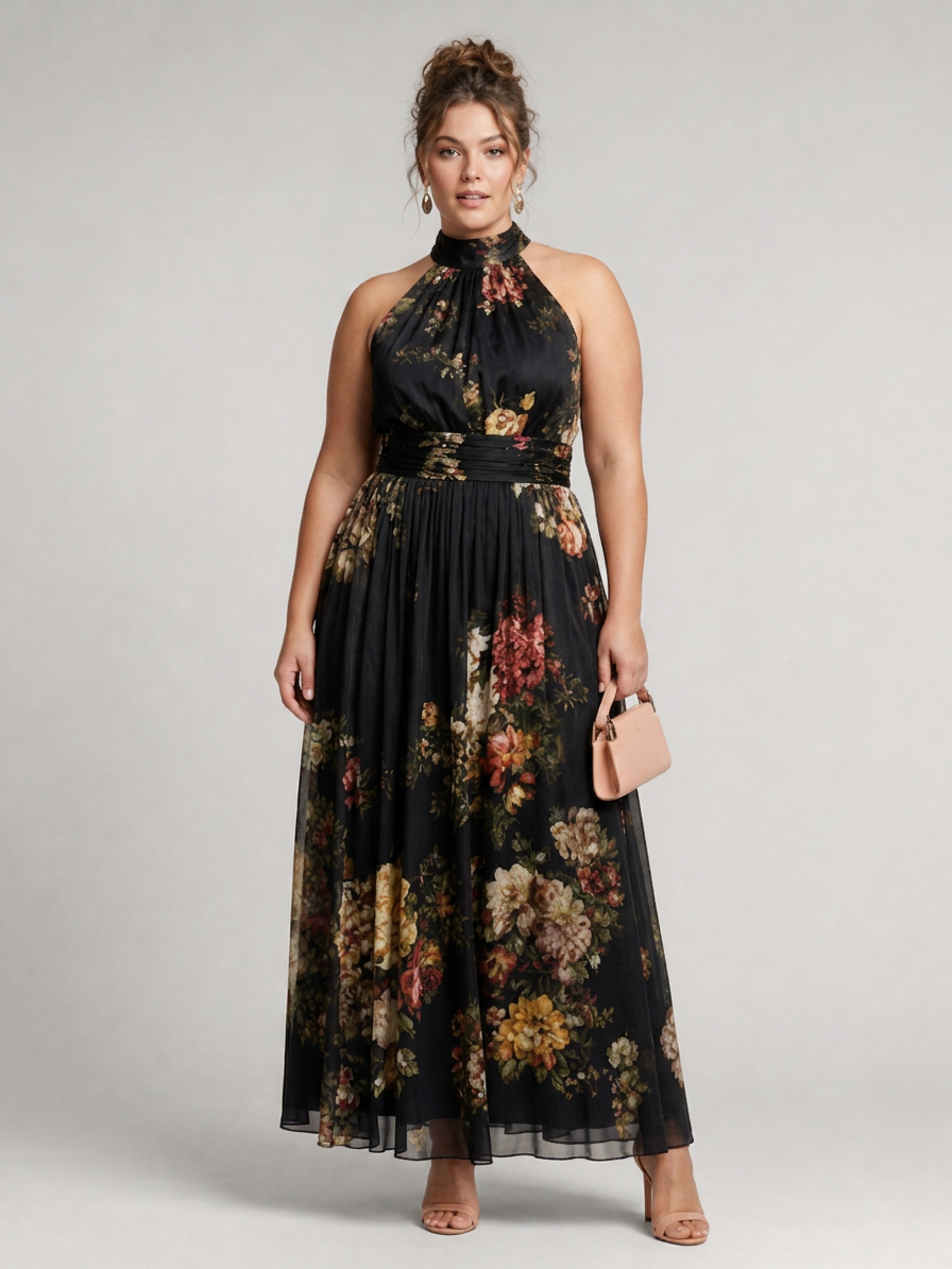 Sior | Floral Halter Neck Midi Dress - Plus size model