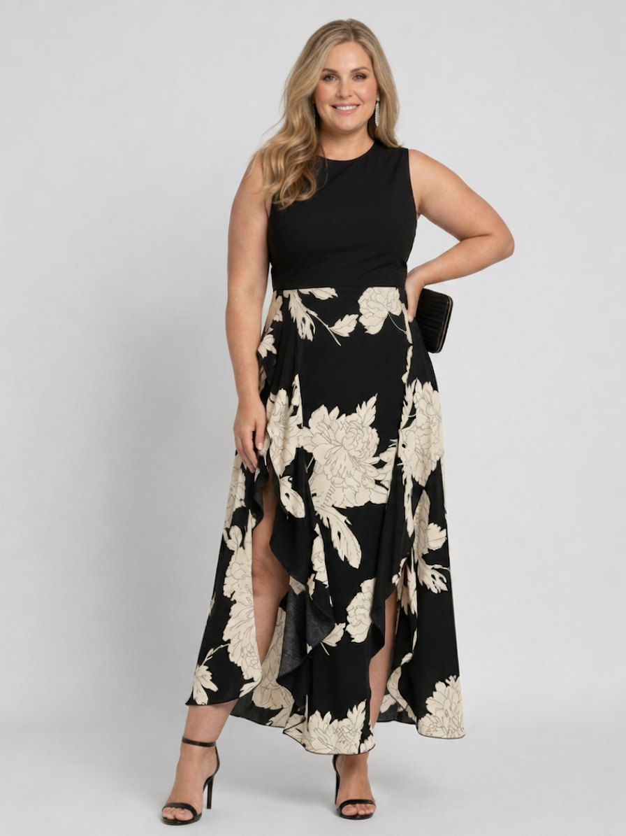 Klasen | Sleeveless Floral Print High Low Hem Midi Dress - Plus size model