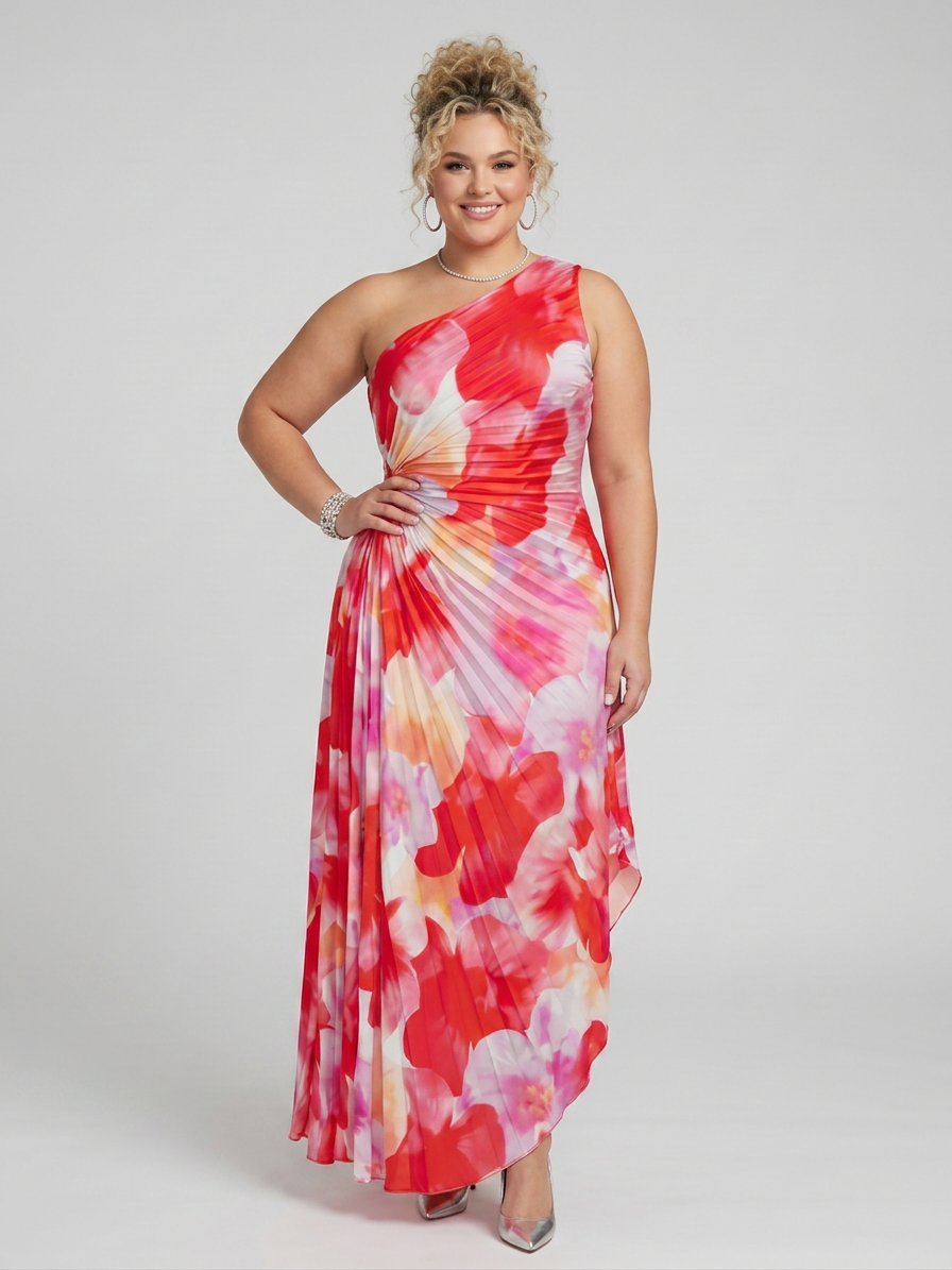 Taya | One Shoulder Pleated Bodice Midi Dress - Plus size model