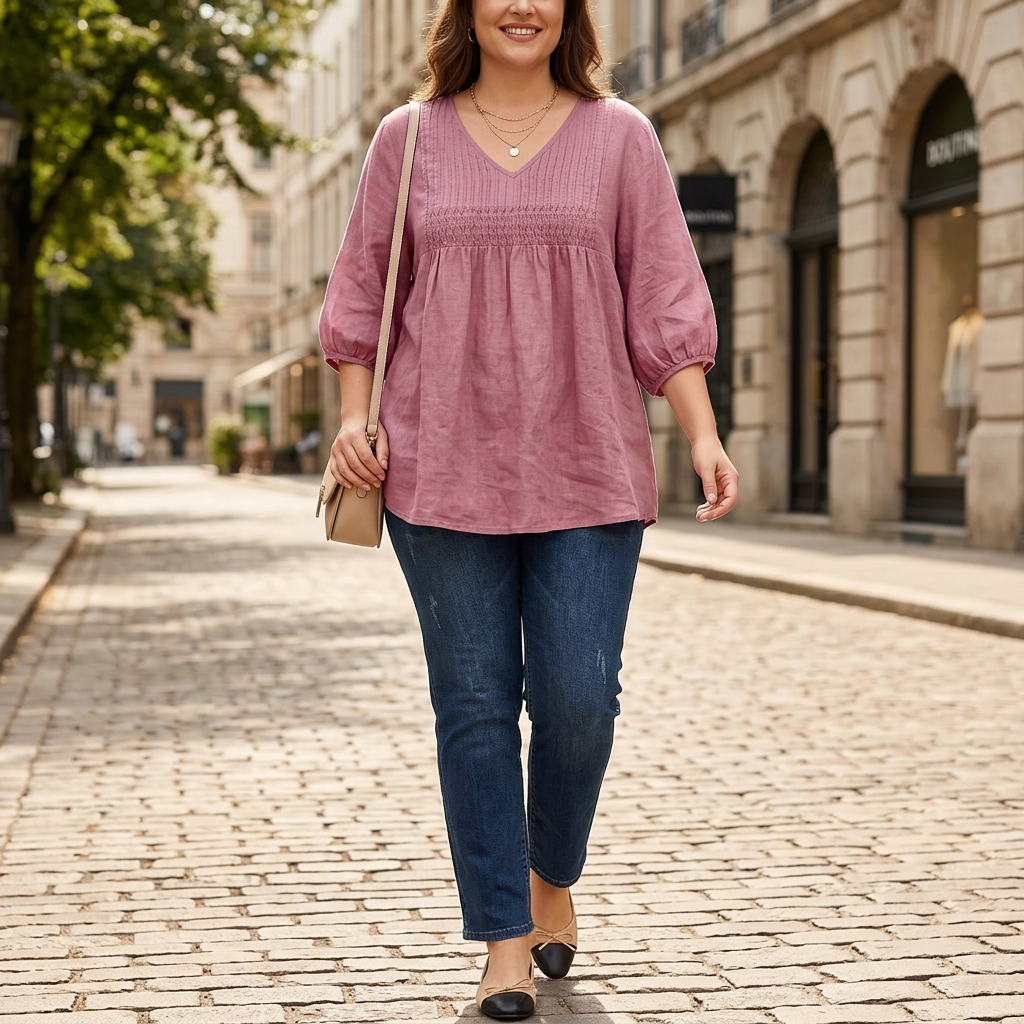 Blake - Pure Linen Cotton Pleated Comfortable tunic - Plus size model