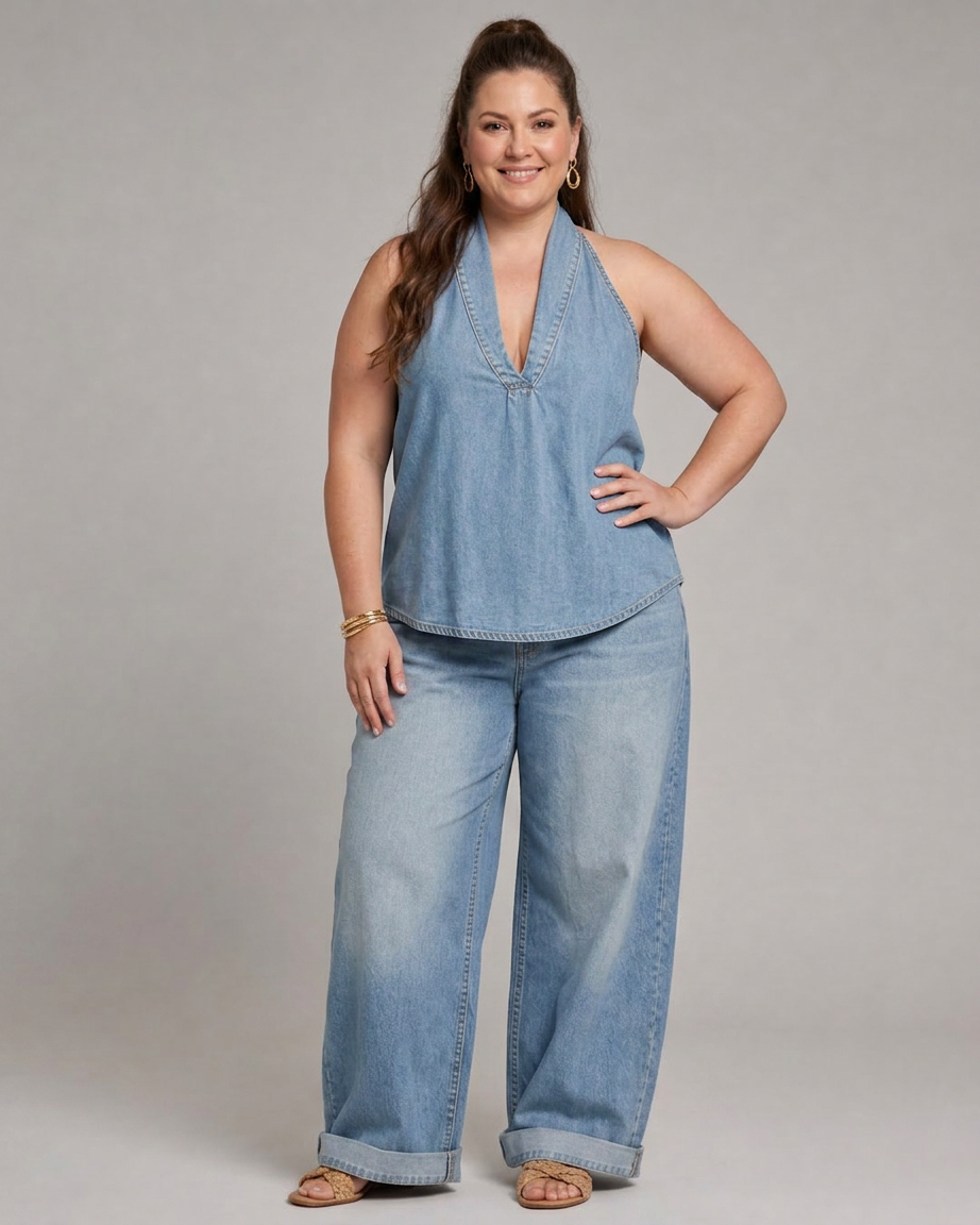 Zorelle | Halter Neck Denim Top And Wide Leg Pants Set - Plus size model