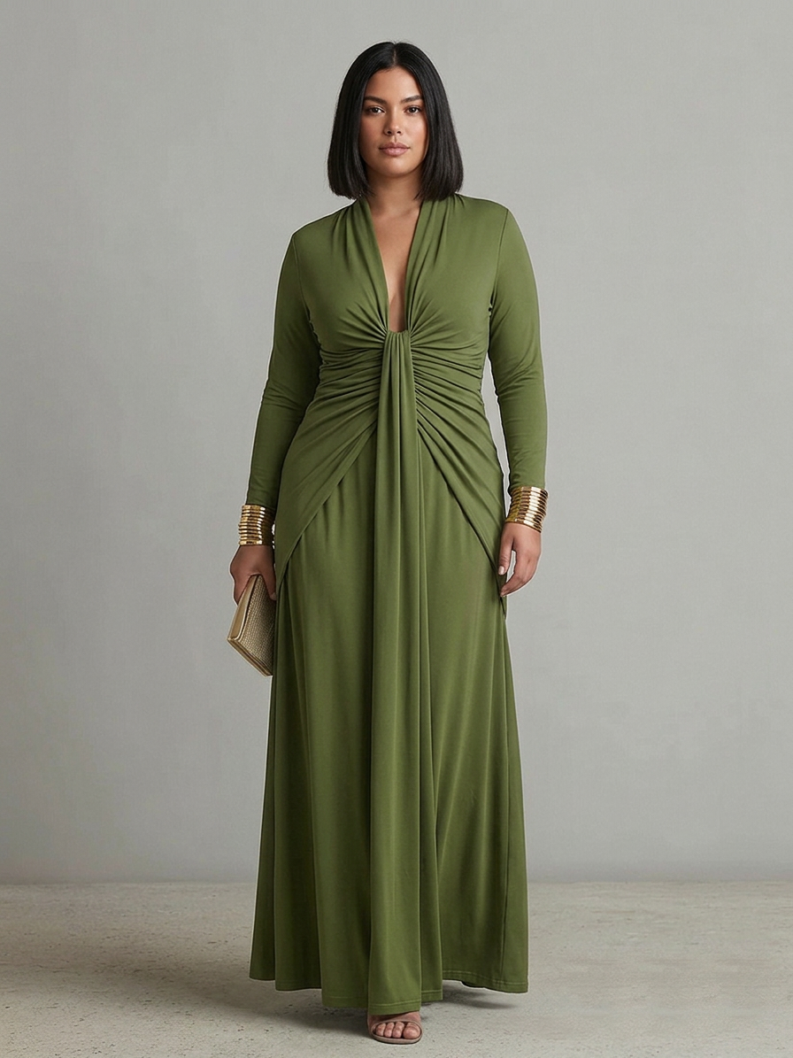 Olive Green Long Dress in Stretch Silk with Deep V-Neck and Ruffled Details, Glamour Maxi Dress - Plus size model