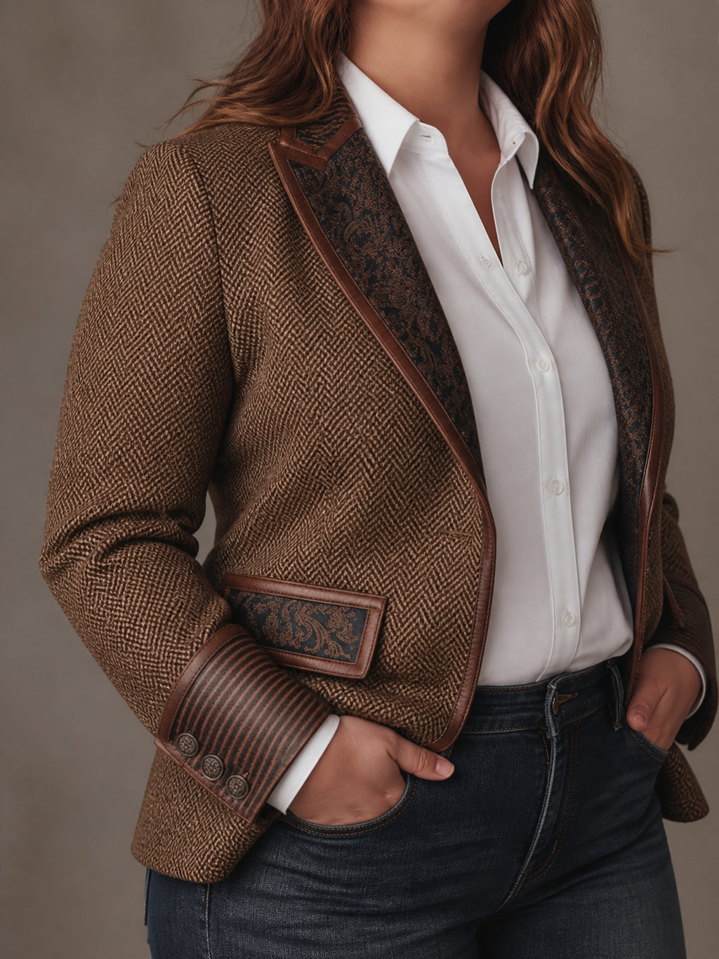 Women's Herringbone Printed Panel Blazer - Plus size model