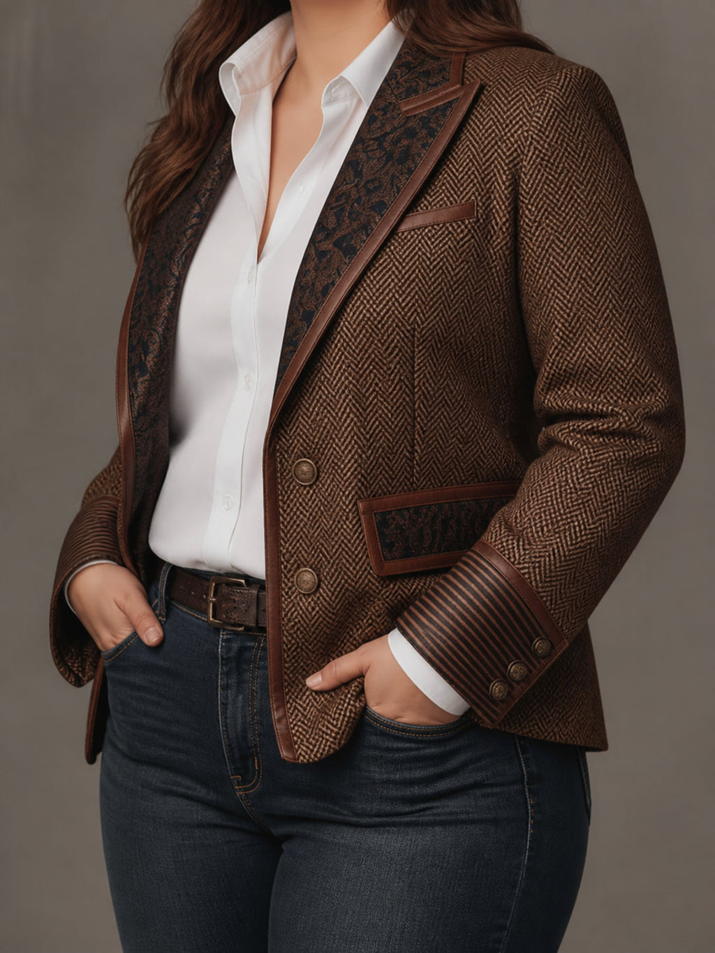 Women's Herringbone Printed Panel Blazer - Plus size model