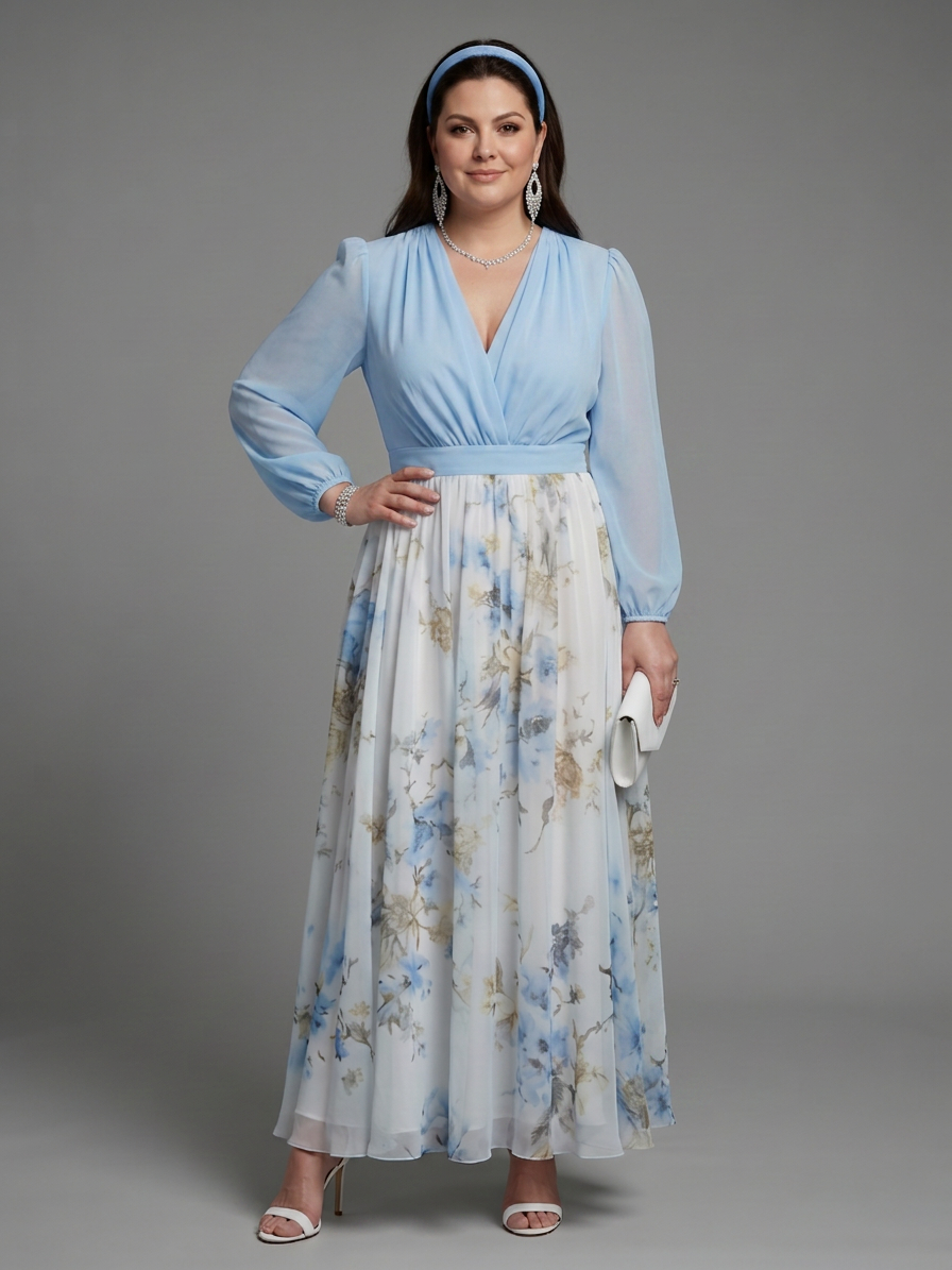 Augusta | V Neck Sheer Bodice Floral Maxi Dress - Plus size model