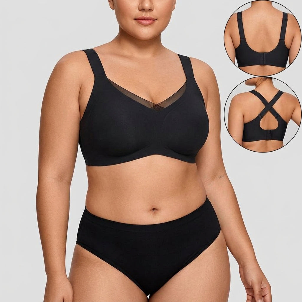 Wireless Bra with Mesh Neckline - Plus size model
