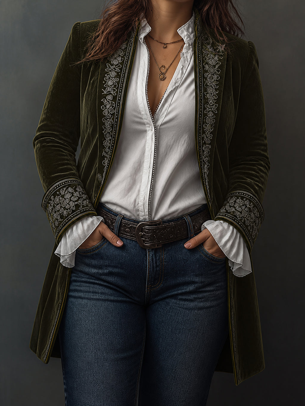 Women’s Vintage Navy Embroidered Longline Jacket - Plus size model