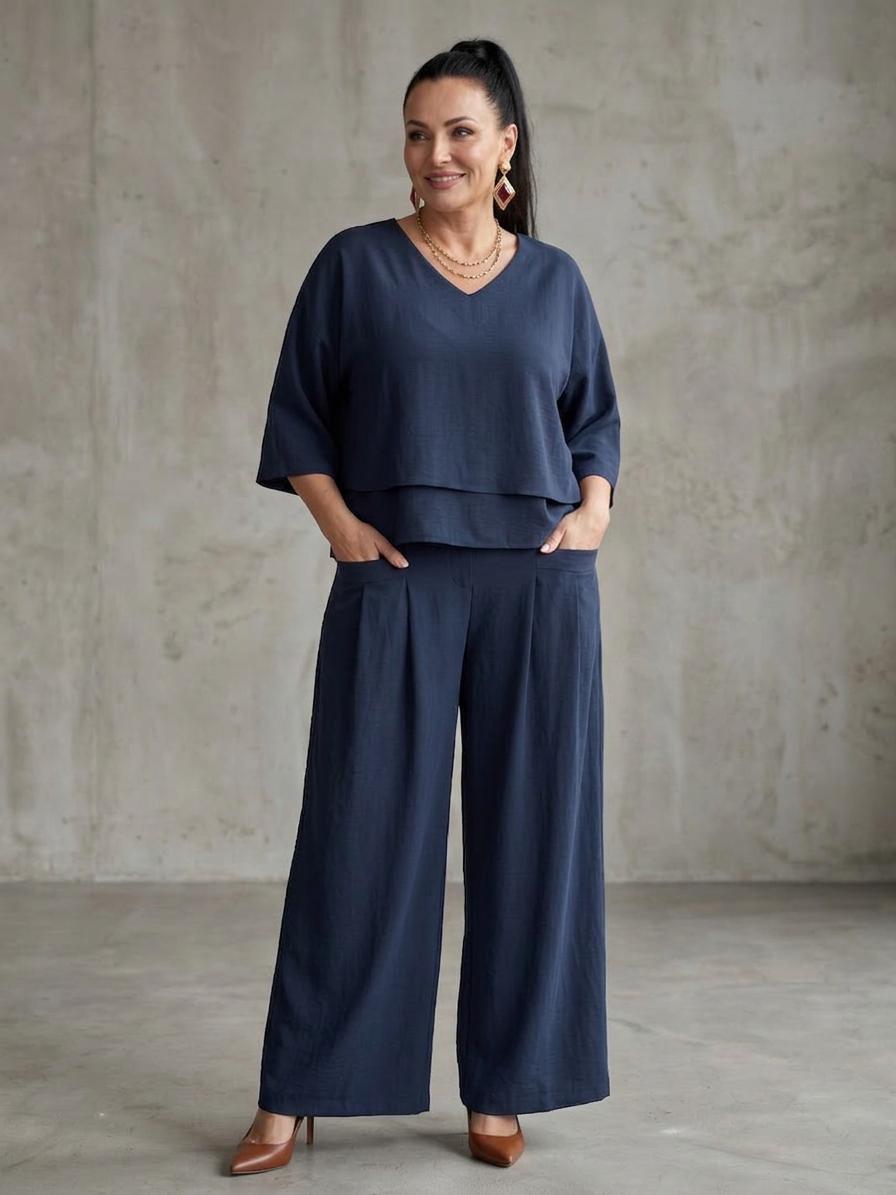 River | Layered Top Wide Leg Set - Plus size model