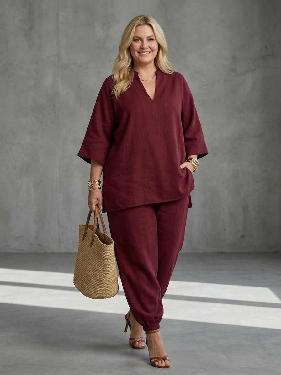 Georgiana | V Neck Tunic Gathered Trouser Set - Plus size model