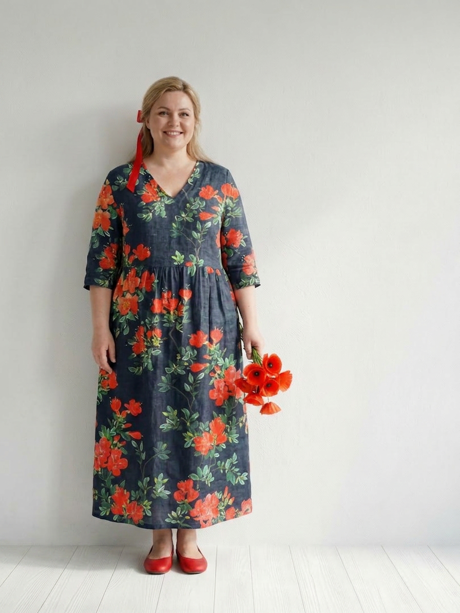 Cyrus | Calm Drape Floral Midi Dress - Plus size model