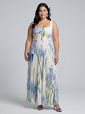 Ophelia | Sleeveless Square Neck Floral Print Midi Dress - Plus size model
