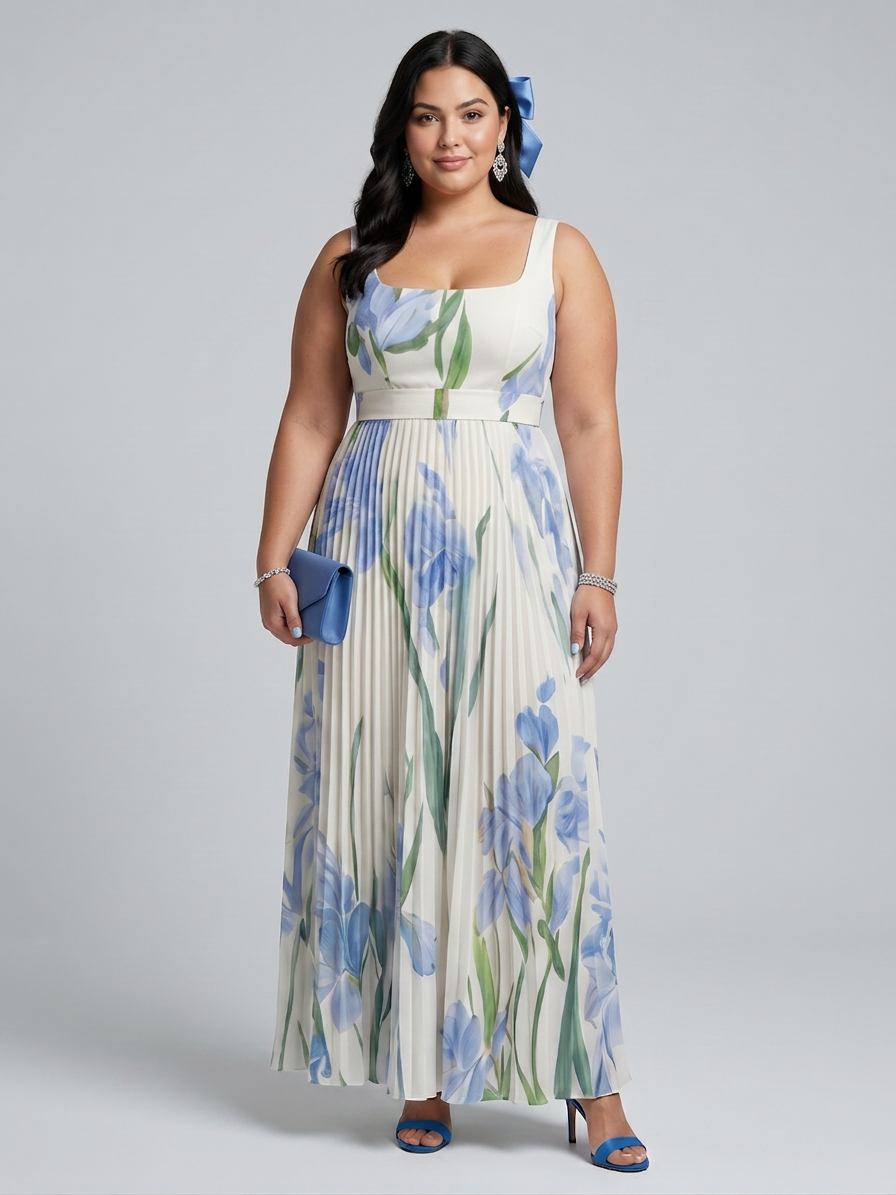 Ophelia | Sleeveless Square Neck Floral Print Midi Dress - Plus size model