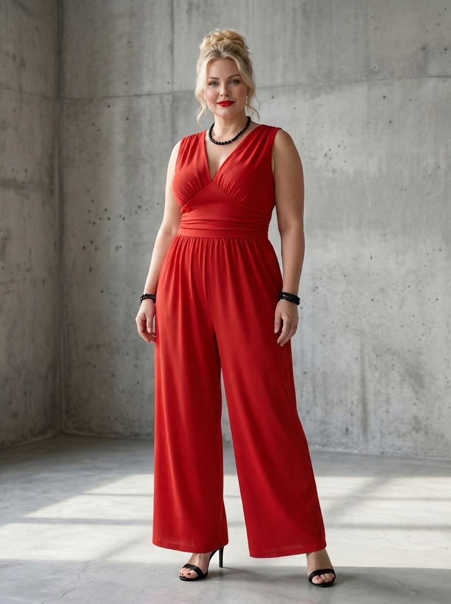 Vincenza | Deep V Waist Defined Wide Leg Jumpsuit - Plus size model