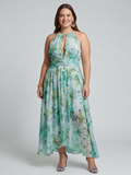 Portia | Pleated Halter Soft Floral Pattern Midi Dress - Plus size model