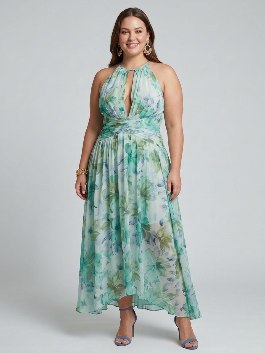 Portia | Pleated Halter Soft Floral Pattern Midi Dress - Plus size model