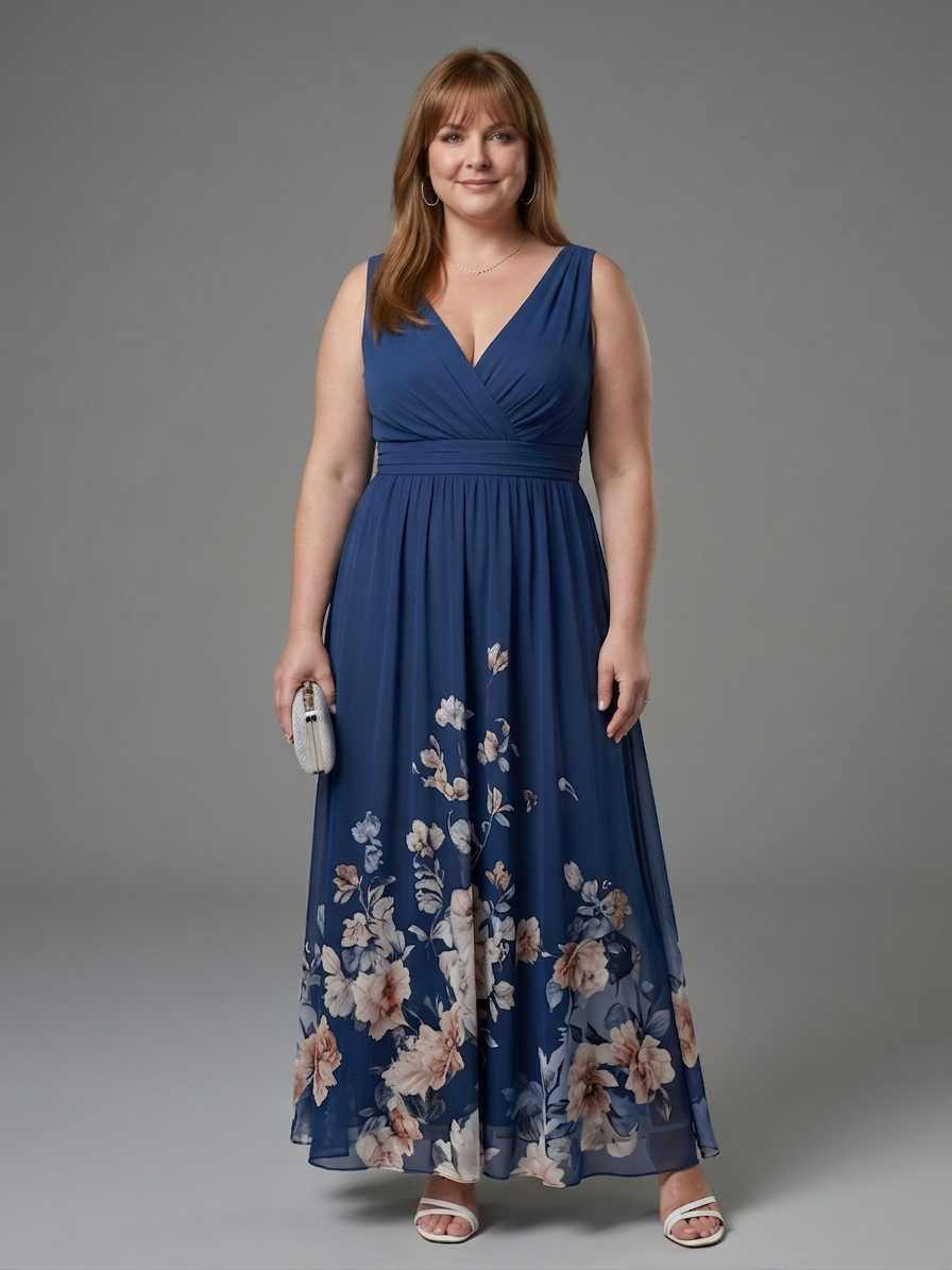 Clarissa | Sleeveless V Neck Soft Floral Hem Midi Dress - Plus size model