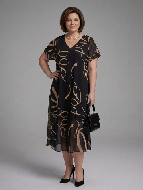 Adria | Abstract Midi Dress with Short Sleeves - Plus size model