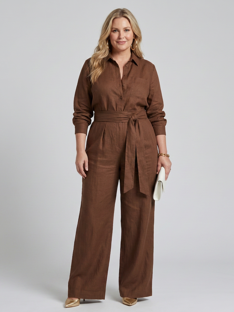 Jovie | Long Sleeve Button Front Wide Leg Jumpsuit - Plus size model