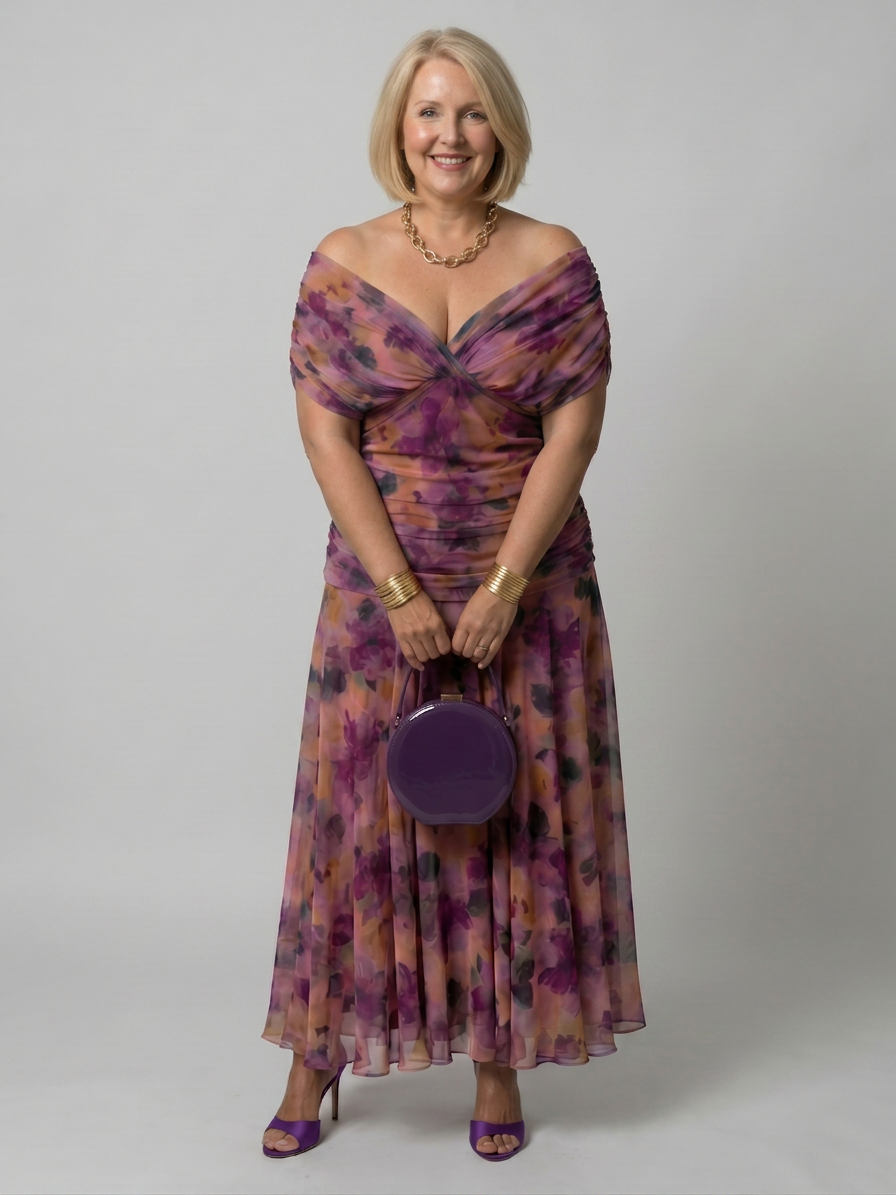 Calen | Off Shoulder Flow Midi Dress - Plus size model