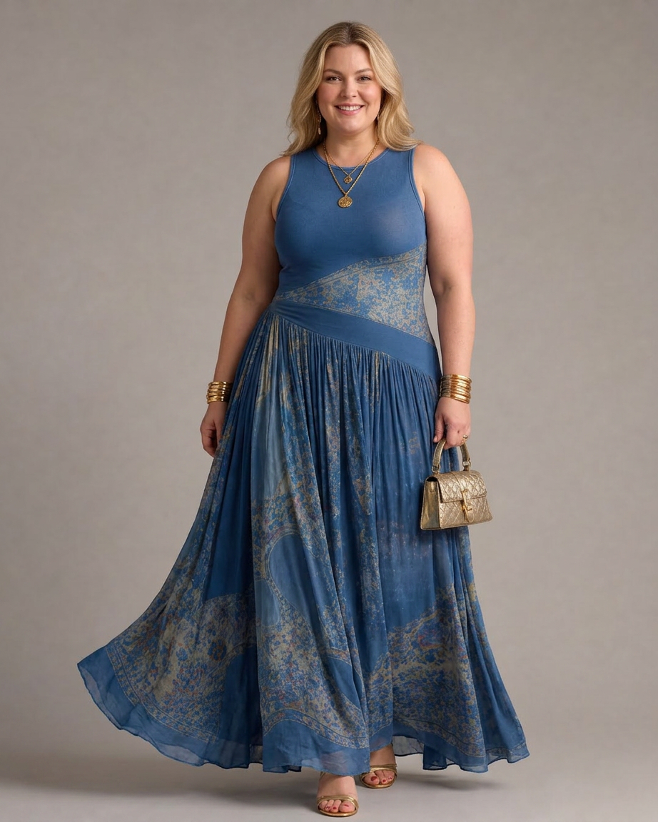 Velisse | Sleeveless Printed Bodice And Flowing Maxi Skirt Set - Plus size model