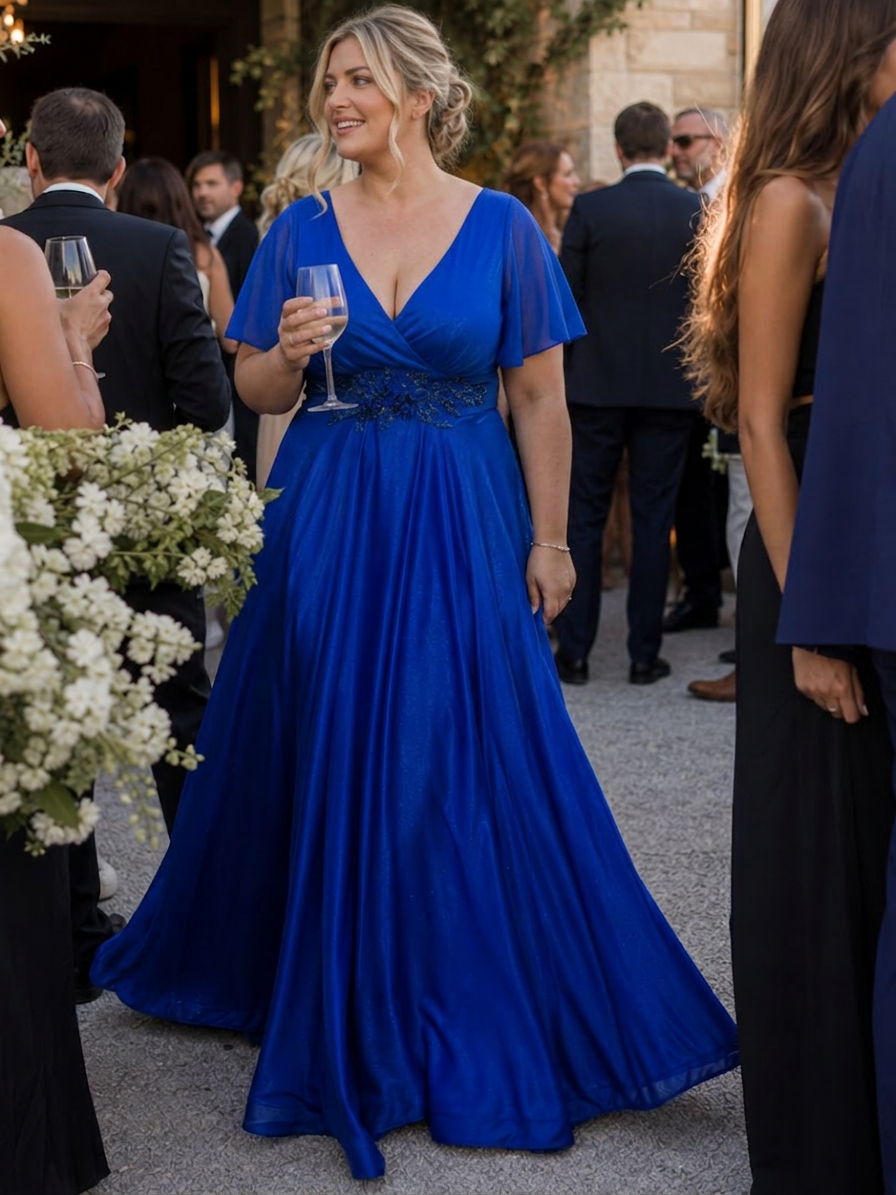 Orelia | Short Sleeve V Neck Flowing Maxi Dress - Plus size model