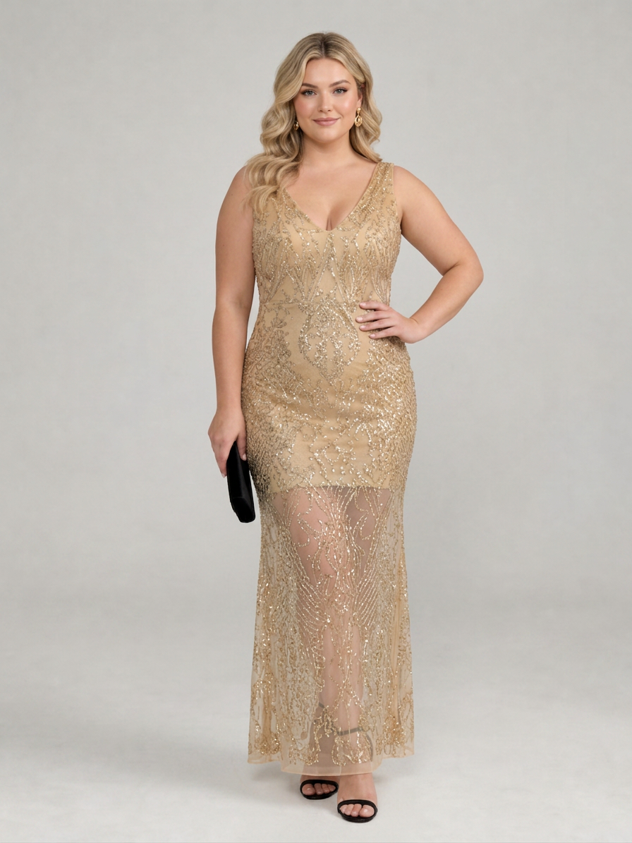 Sirea | Sequin Sleeveless Sheer Panel Midi Dress - Plus size model
