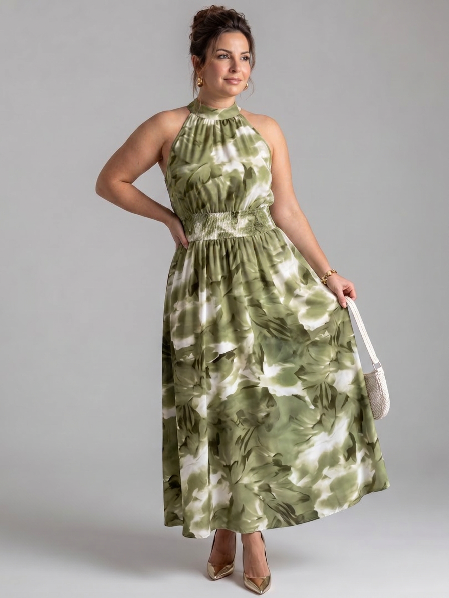 Olivia | Gathered Waist Abstract Print Midi Dress - Plus size model