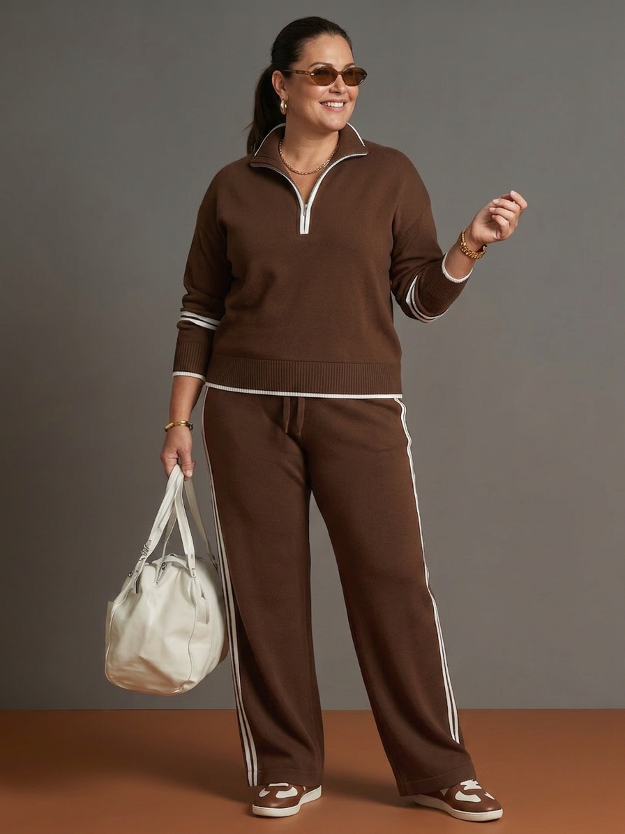 Rain | Zip Neck Long Sleeve Side Stripe Leg Pants Set - Plus size model