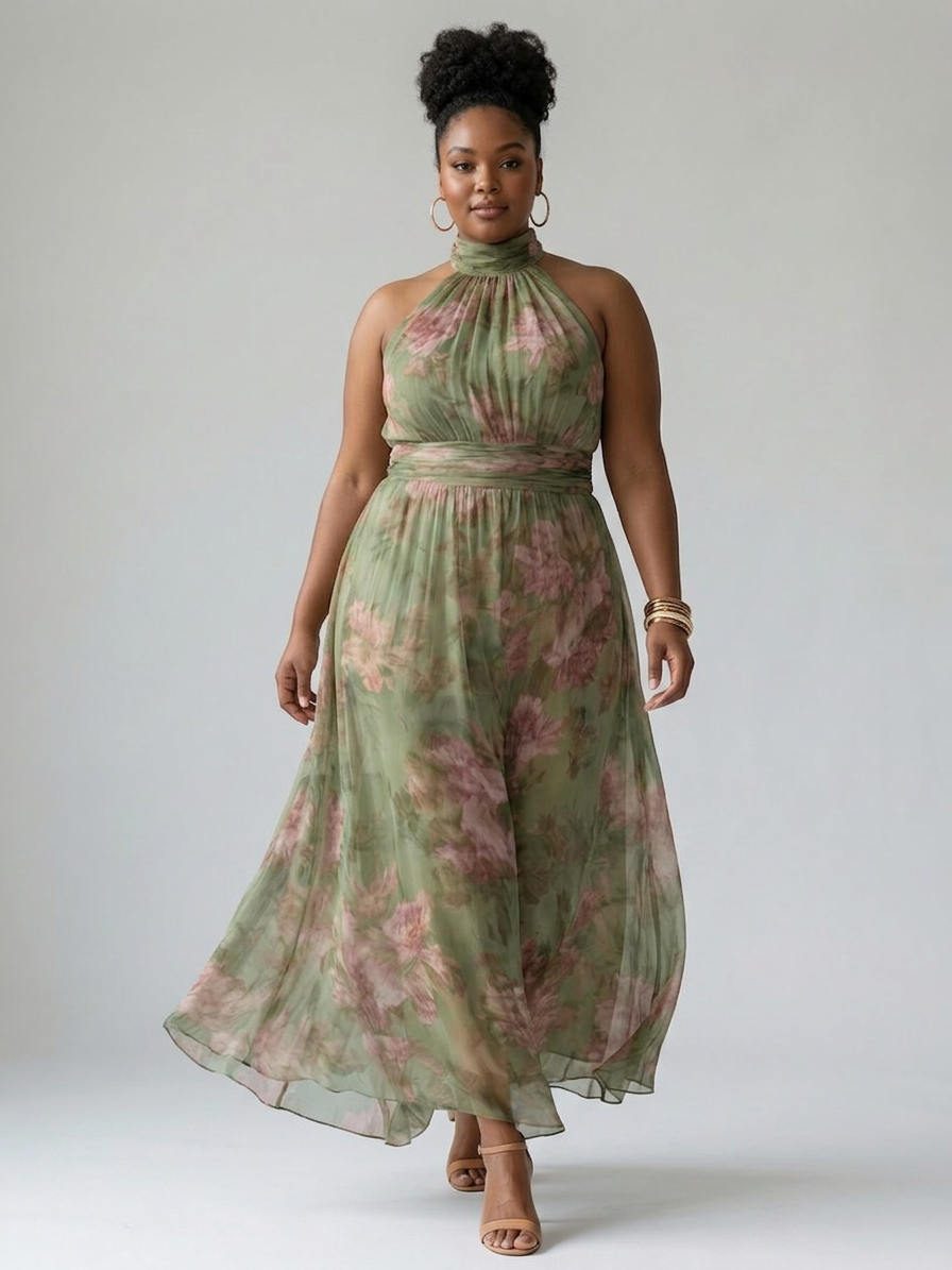Mirelle | Gathered Halter Midi Dress - Plus size model