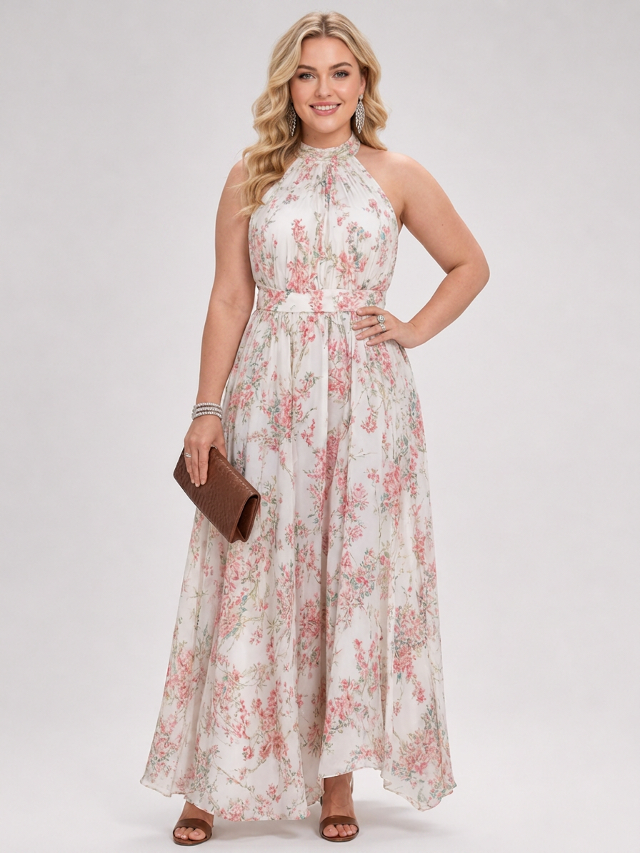 Guinevere | Floral Print Flowing Skirt Midi Dress - Plus size model