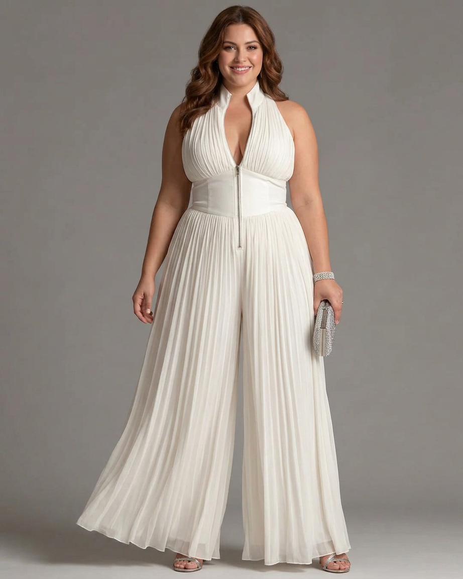 White sleeveless chiffon jumpsuit with V-neck, zip, and pleated wide-leg pants - Plus size model