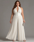 White sleeveless chiffon jumpsuit with V-neck, zip, and pleated wide-leg pants - Plus size model