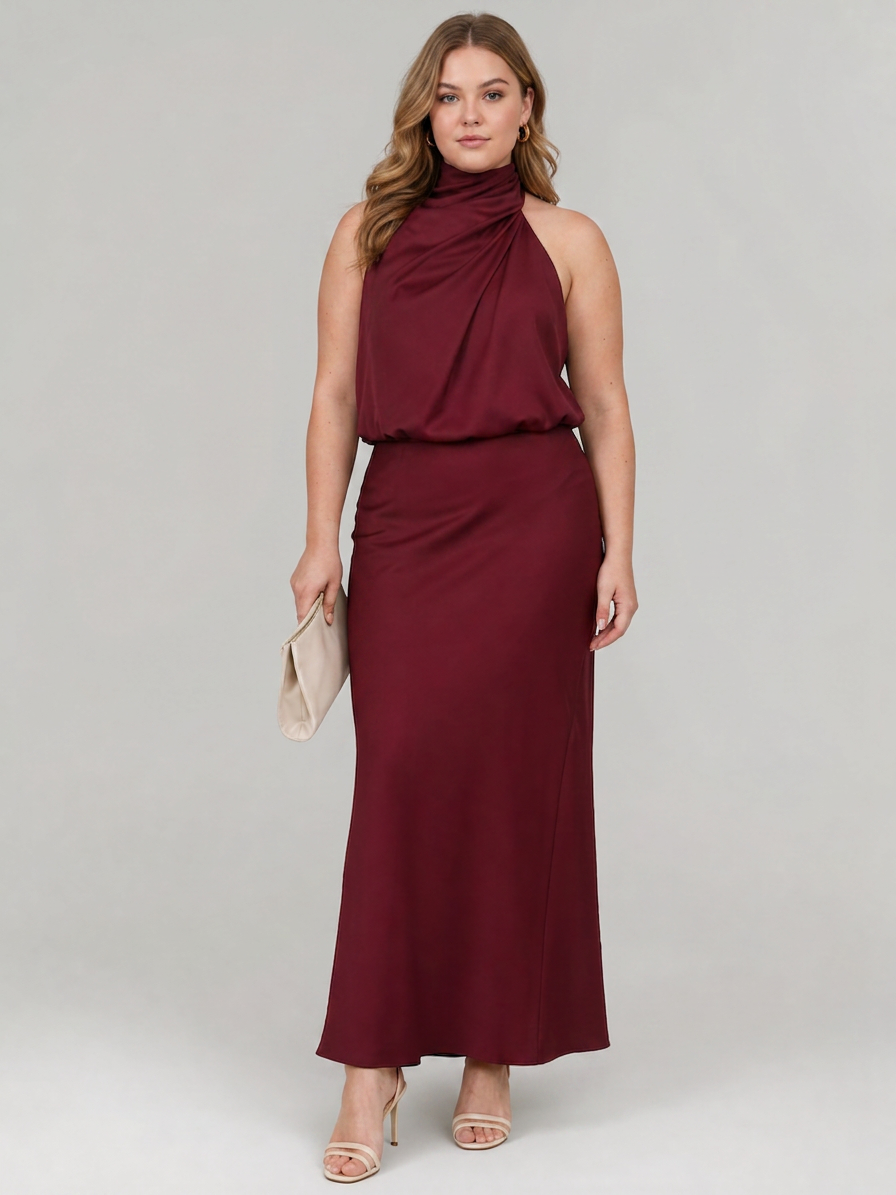 Nopal | Sleeveless Draped Neck Midi Dress - Plus size model