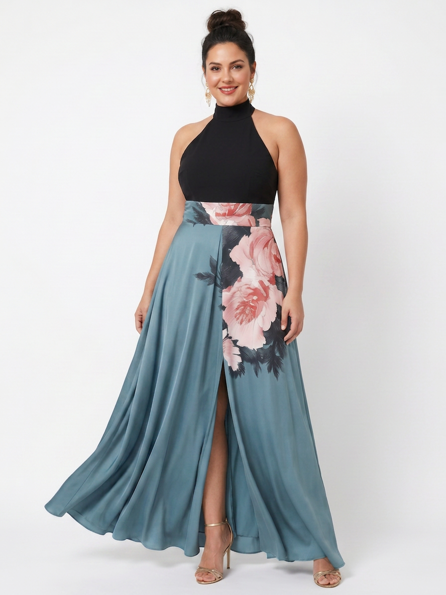 Olympas | Halter Bodice Floral Skirt Maxi Dress - Plus size model