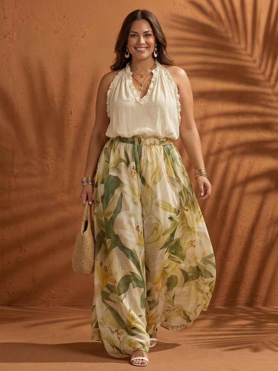 Solange | Halter Neck Blouse Floral Wide Leg Set - Plus size model