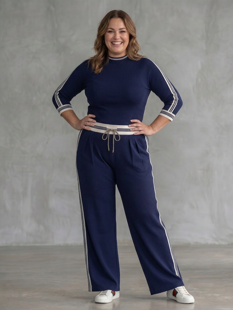 Eirlys | Fitted Long Sleeve Top Wide Leg Pants Set - Plus size model