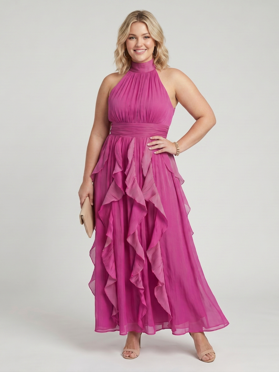 Orea | High Neck Gathered Ruffle Layers Maxi Dress - Plus size model