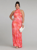 Coraline | Halter Neck Printed Pattern Maxi Dress - Plus size model