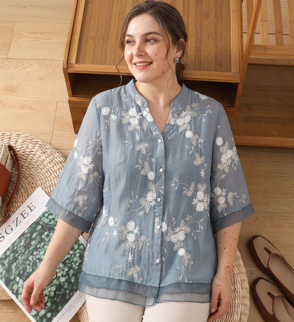 Mia - Pure Cotton Embroidered Shirt - Plus size model