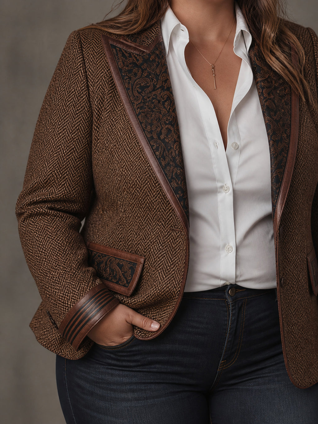 Women's Herringbone Printed Panel Blazer - Plus size model