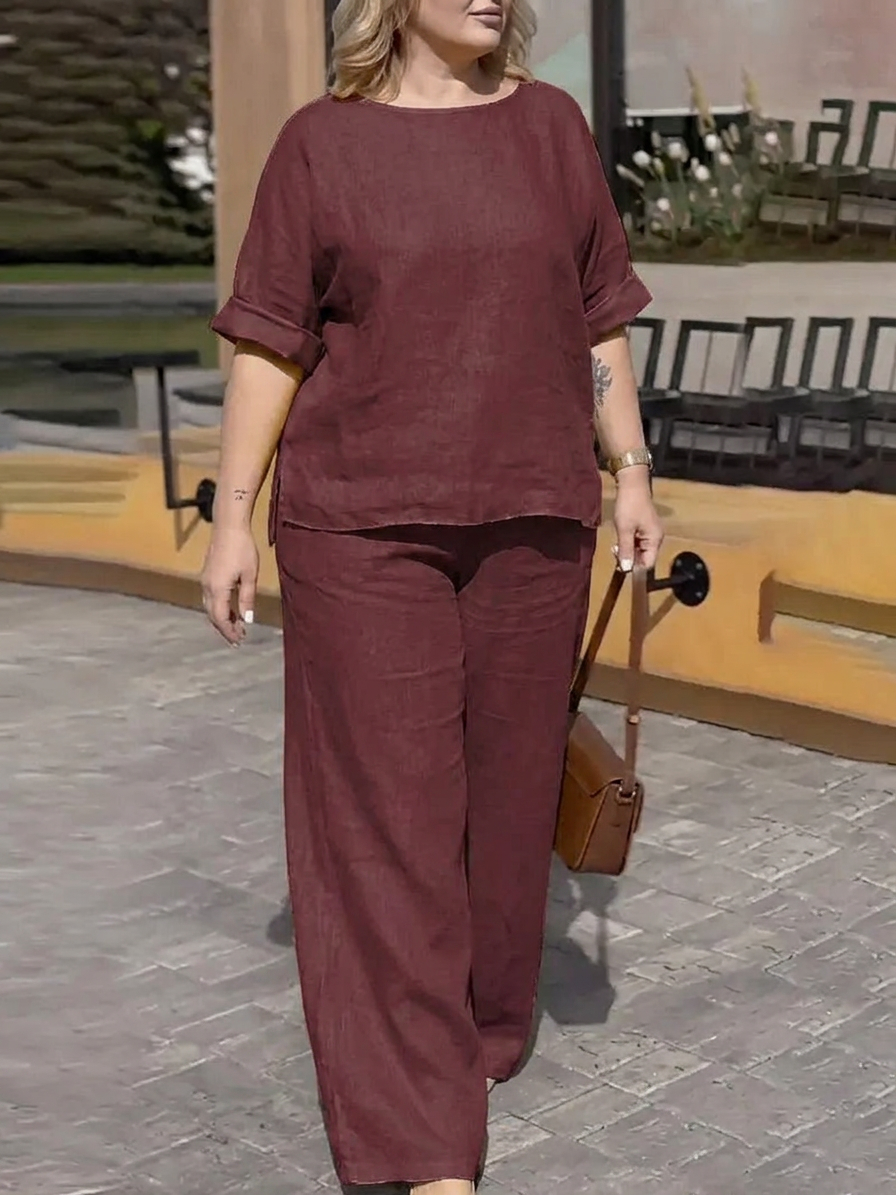 Mia - Women Round Neck Long Sleeve Trousers Set - Plus size model