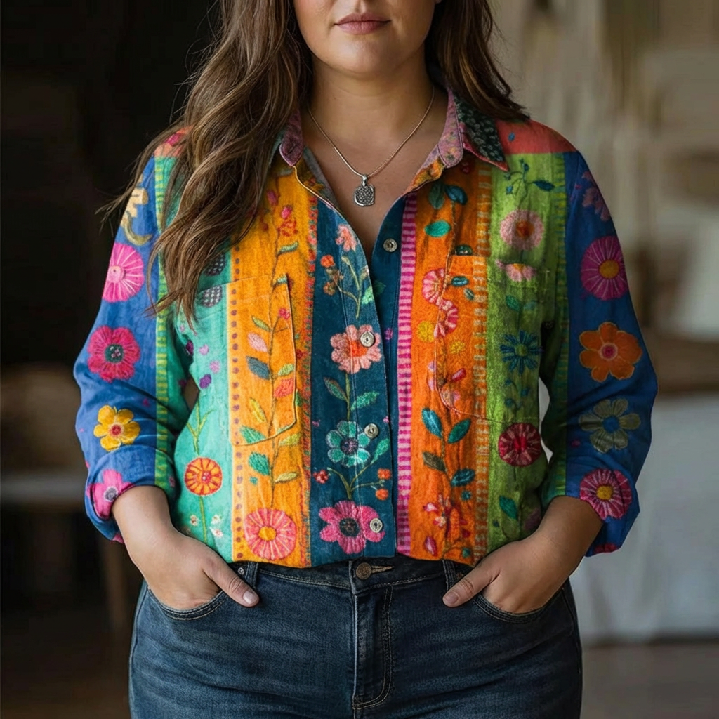 Rebecca | Bohemian Pattern Vintage Blouse - Plus size model