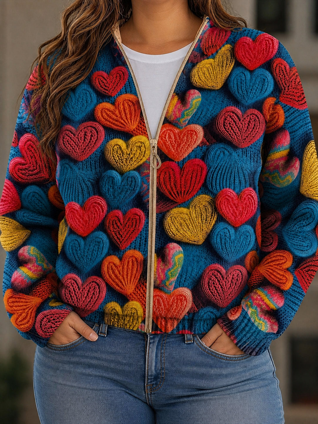 Diane | Multicolour Hearts Zip Cardigan - Plus size model